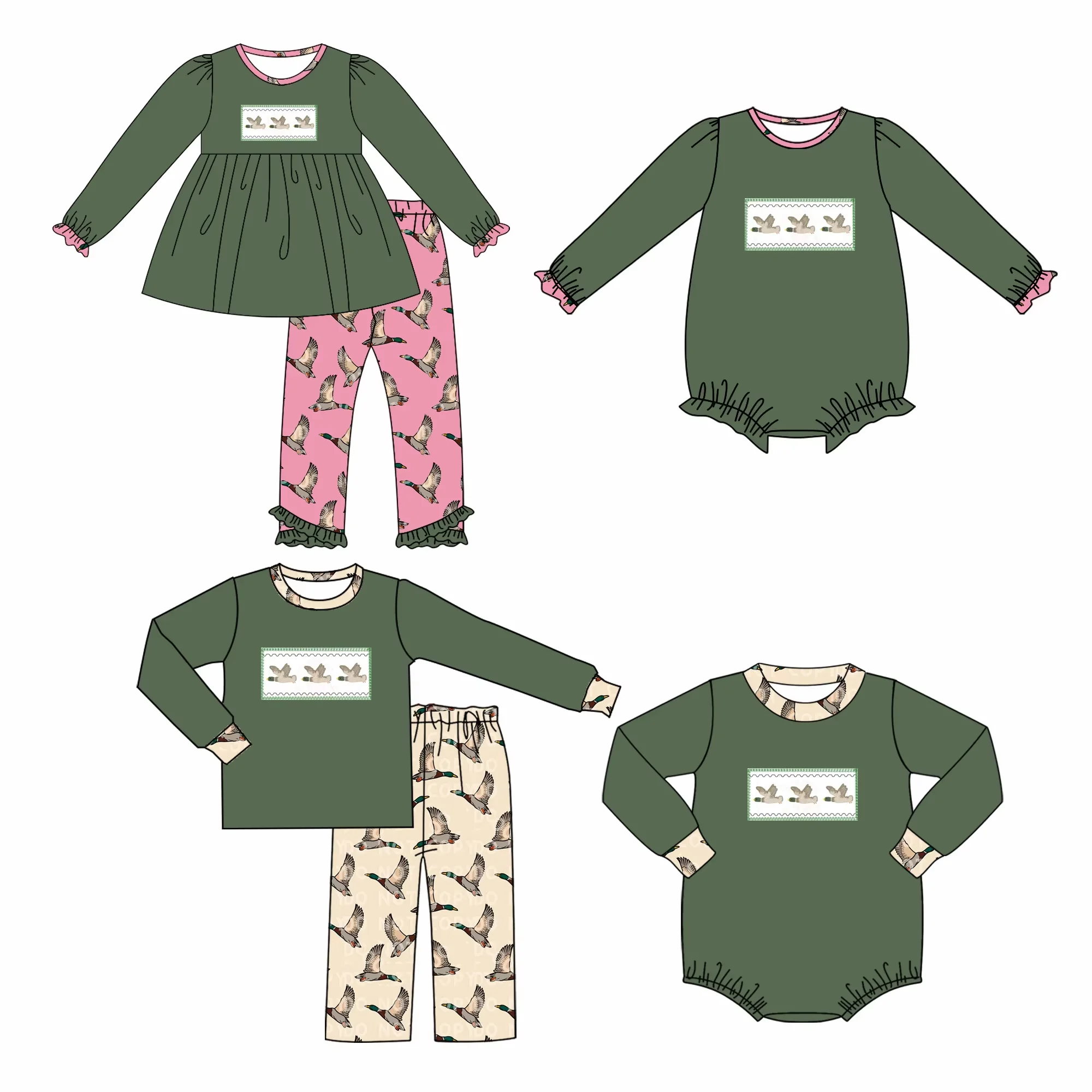 

New boutique children's suit long-sleeved elastic bird print trousers lace girls boys plaid suit baby jumpsuit