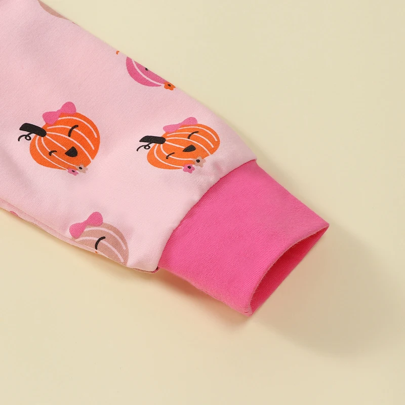 Bebê Menina Halloween Romper, Impressão De Abóbora, Frente Manga Comprida, gola redonda, Macacão De Comprimento Total, Zíper, Romper