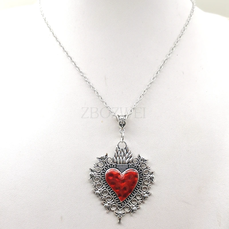 Sacred Flaming Hearts, Sacred Flaming Corazon, Ex-Votos Hearts, Mexican Milagros Necklace,Burning Heart Necklace,Gothic Jewelry,