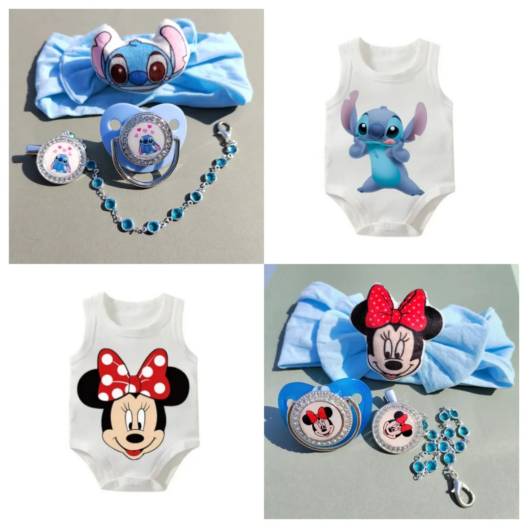 [ 1 Set ] Minnie Mouse Donald Daisy Duck Winnie Blue Baby Headband  Stitch Print Blue Dummy and Chain Luxury Gift for Baby 0-24M