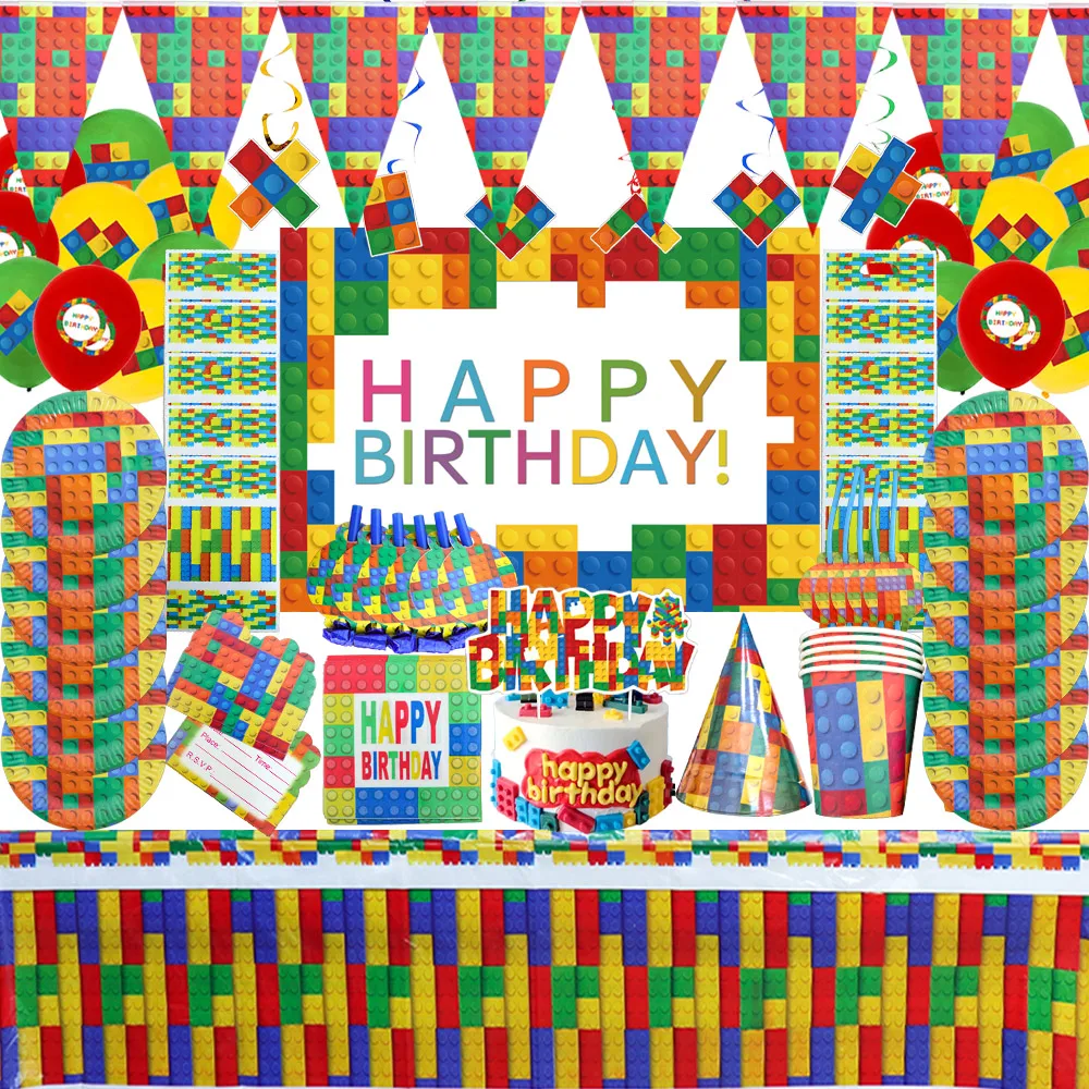 Colorful Building Blocks Birthday Party Decoration Paper Cup Plate Banner Balloon Party Supplies For Kids Baby Shower Party Gift