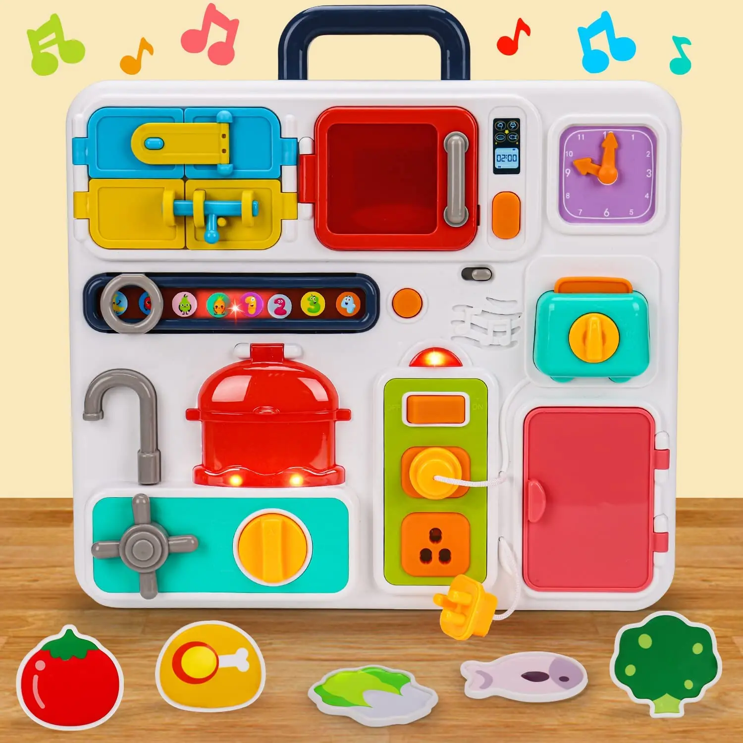 Montessori Kitchen Busy Board for Toddlers 1-3 Travel Toys Light Up Musical Baby Toys 12-18 Months Fine Motor Skills