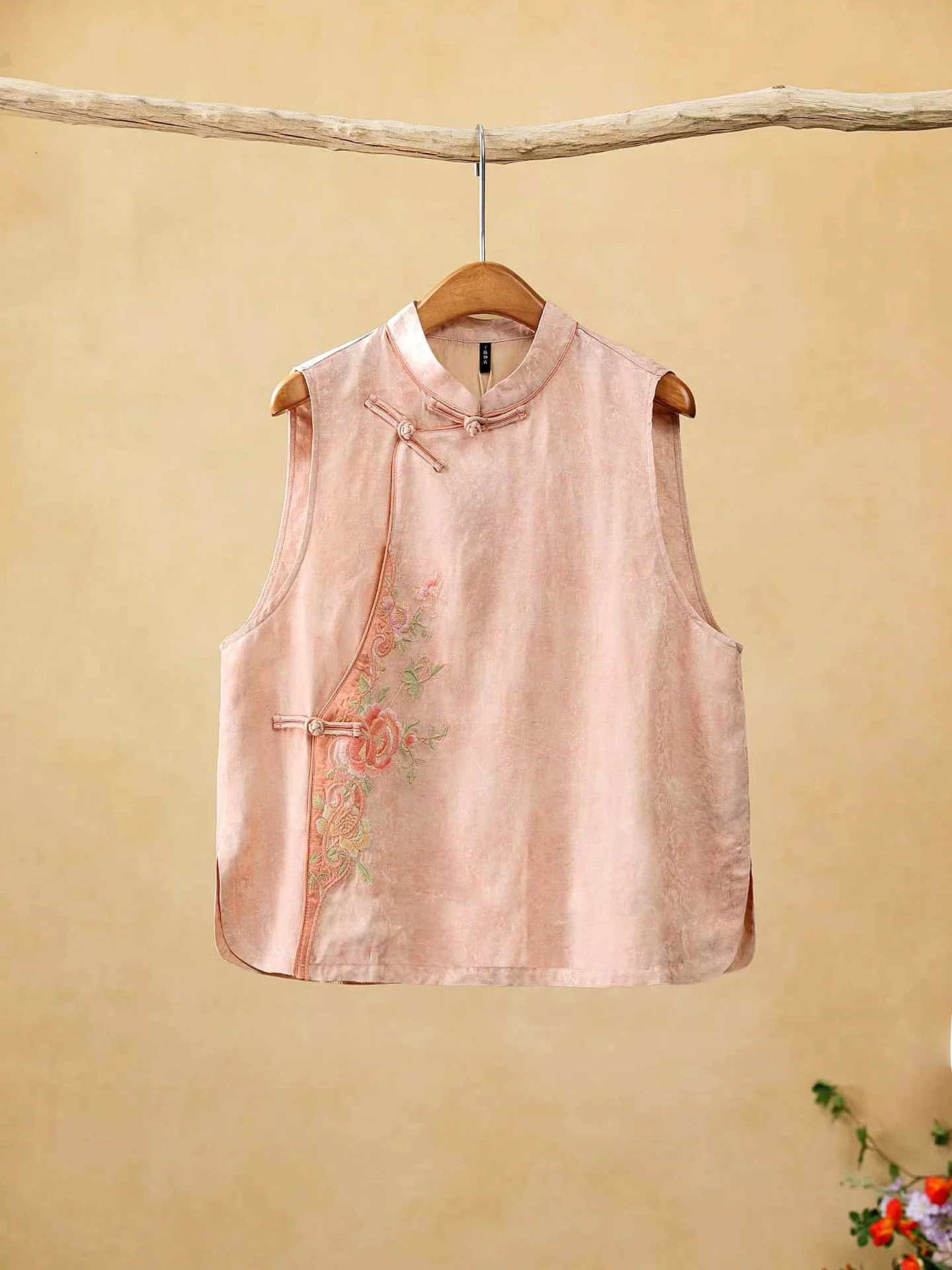 

New Chinese Style Retro Silk Embroidery Vest Lotus Pink Stand Collar Asymmetrical Button Sleeveless A-Line Anti-Aging Top