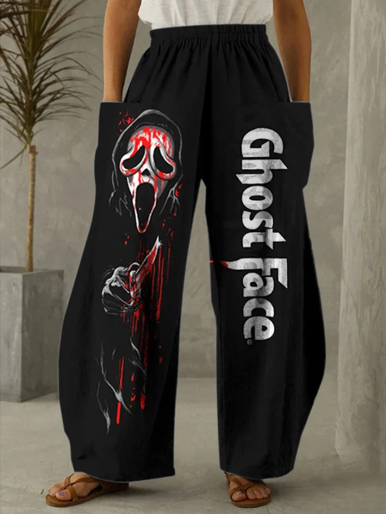 Grim Reaper/Black Cat print ladies Halloween wide-leg pants street fashion ladies long pants everyday casual high-waisted pants