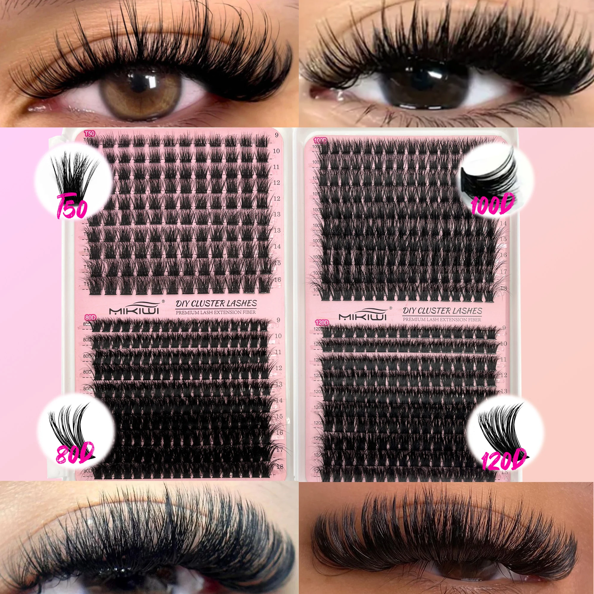 Complete DIY Eyelash Kit with 2in1 Two-Headed Bond and Seal,Tweezers & Brush - Volume Fluffy Cluster False Lashes in 4 Styles (T