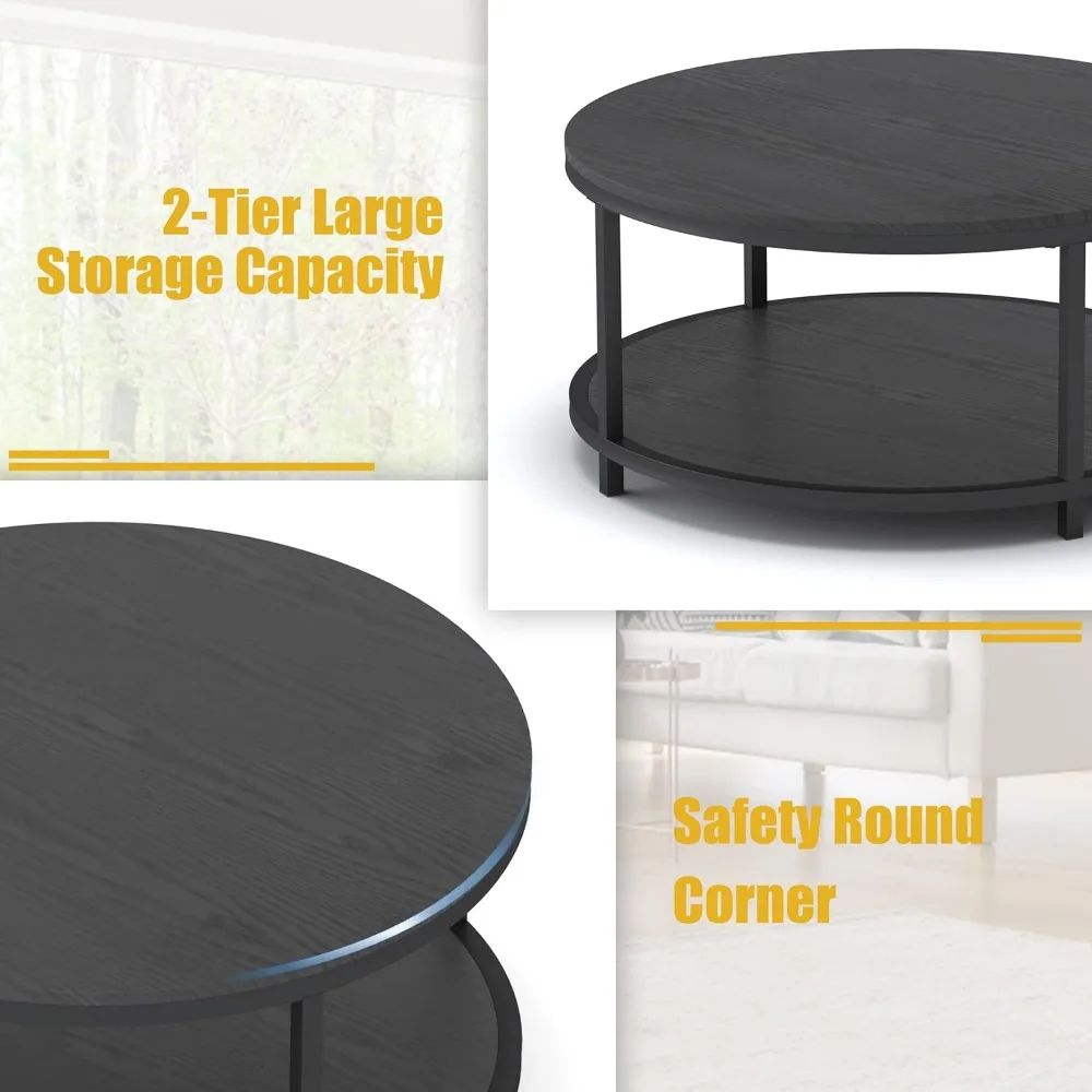 Simple industrial 35.8-inch circular coffee table with storage rack and sturdy metal legs, black, easy to assemble