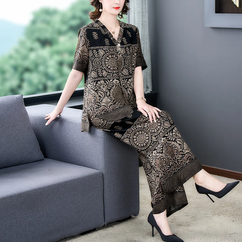 Women Korean Vintage Elegant Luxury Pants Sets 2025 Summer Print Silk Short Sleeve Loose Top Coats+Wide Leg Pants Two Piece Sets