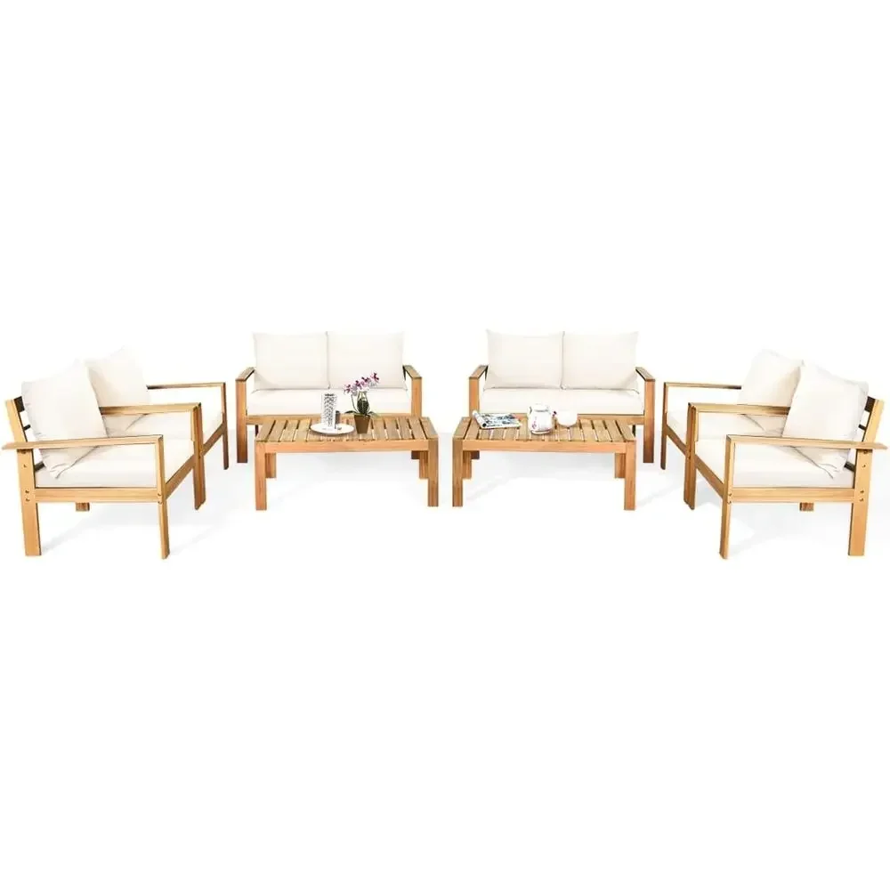 8-Piece Acacia Wood Outdoor Chat Set with 8 Seater Sofa and Table, Water-Resistant Cushions, Teak Finish (2 White)