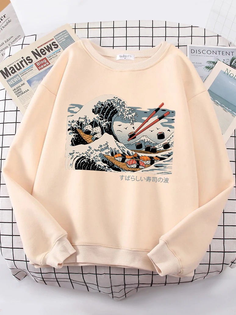 The Great Sushi Wave Hoodies Womens Shoulder Drop Oversized Hoodie simple All-match Sweatshirts Street S-XXL Tracksuit Female