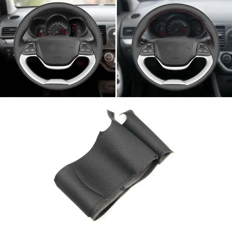 For Kia Morning 2011 - 2016 Picanto 2012 - 2015 Car Steering Wheel Braid Hand Stitched Black Perforated Microfiber Leather Cover