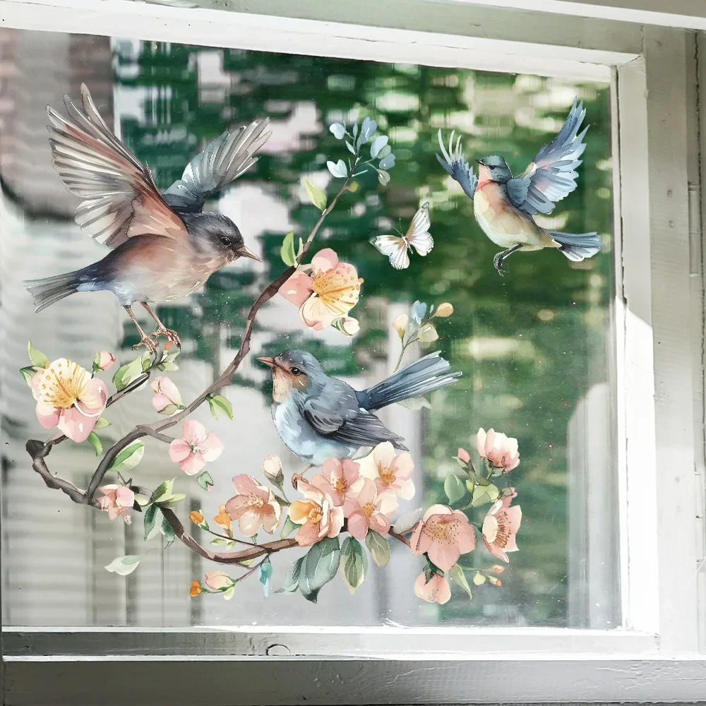 1PCS Peach Blossom Twig Bird Glass Window Home Landscaping Decoration Electrostatic Uv Window Sticker Full Body Mirror