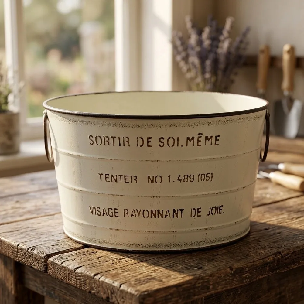 Metal Flower Pot 21.5x17.8x12cm and 24x20x13.5cm Sizes Distressed Finish Embossed Letters Farmhouse Decor Piece