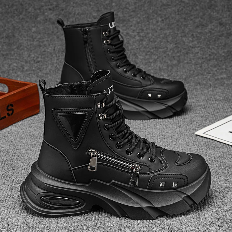 

New High-Top Functional Boots with Thick Soles for Height Increase, Double Zipper Triangle Geometric Design, Trendy Slimming Versatile Men's Street Casual Work Shoes