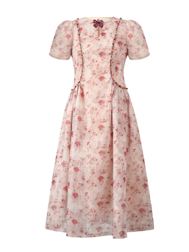 Letnia damska sukienka midi w stylu retro z kwiatowym nadrukiem, elegancka, z kokardą, bufiastymi rękawami, dopasowana, na imprezę, bal, vestidos, odzież damska, nowa