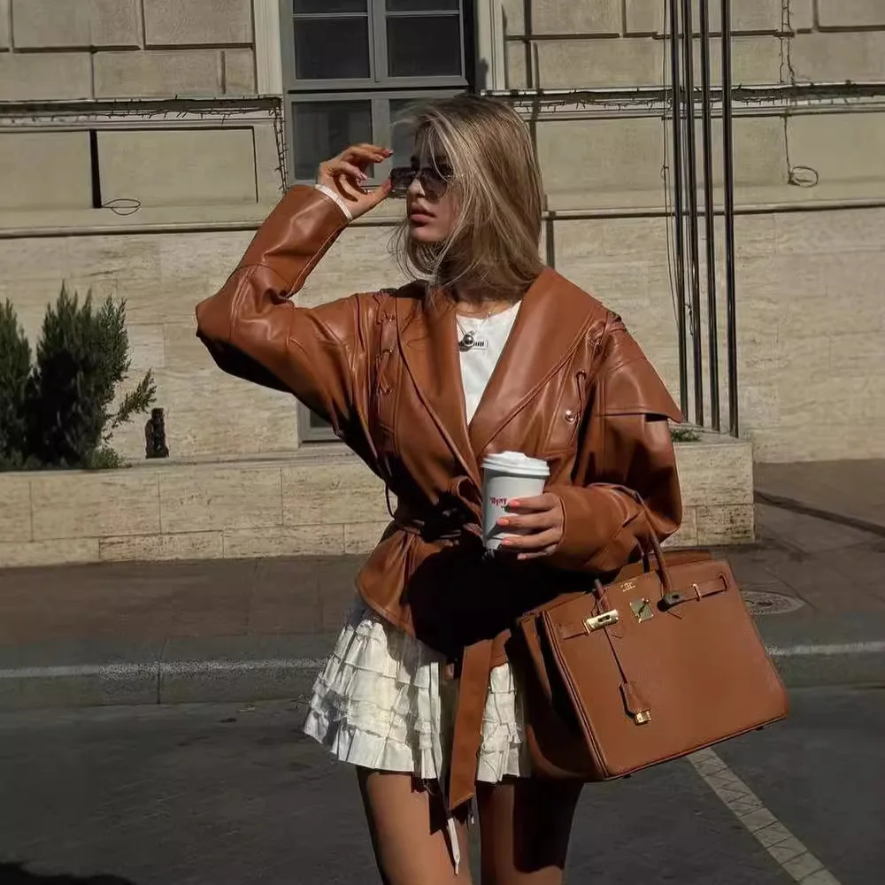 

Biker Jackets Womens Jacket Air Hood Leather Pleated Cropped Bomber French Style Street Night Out Versatile Rainproof Softshell