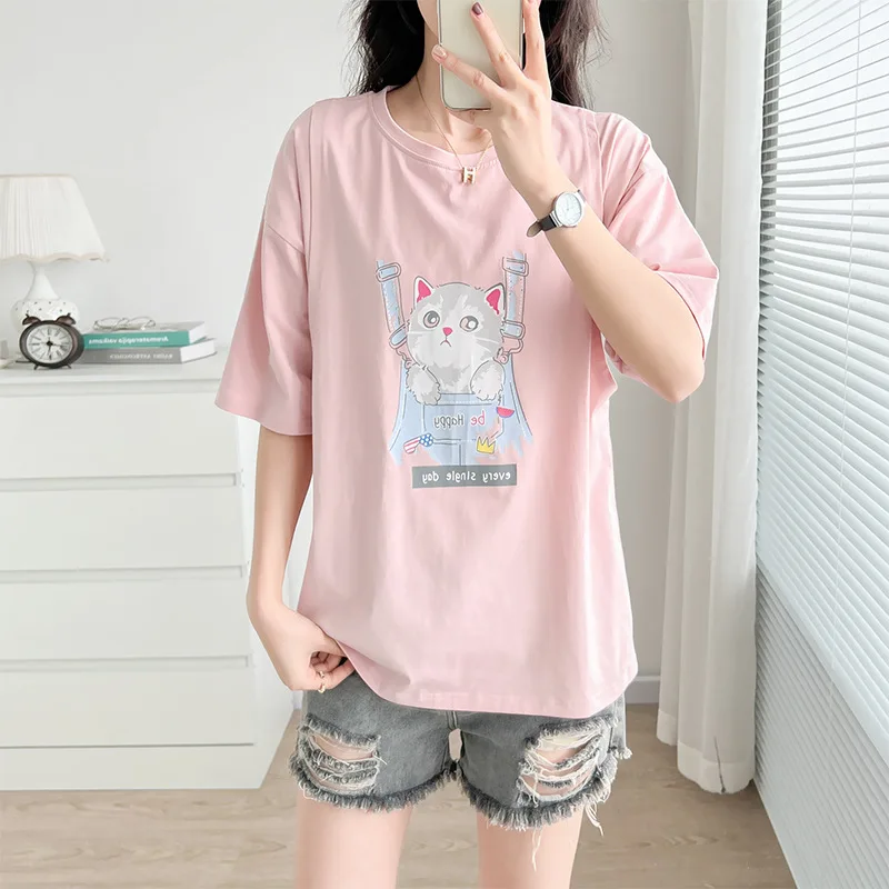 

Pregnant Short Sleeve Maternity Cotton Printed Cat Nursing Tees Summer Lactation Top Postpartum Woman Breastfeeding T-Shirt