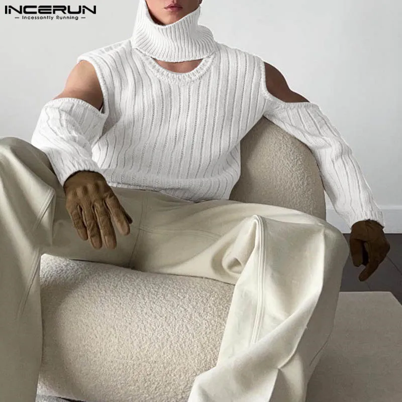 INCERUN Men Pullovers Solid Color Knitted Turtleneck Off Shoulder Long Sleeve Hollow Out Tops Streetwear 2024 Fashion Sweaters