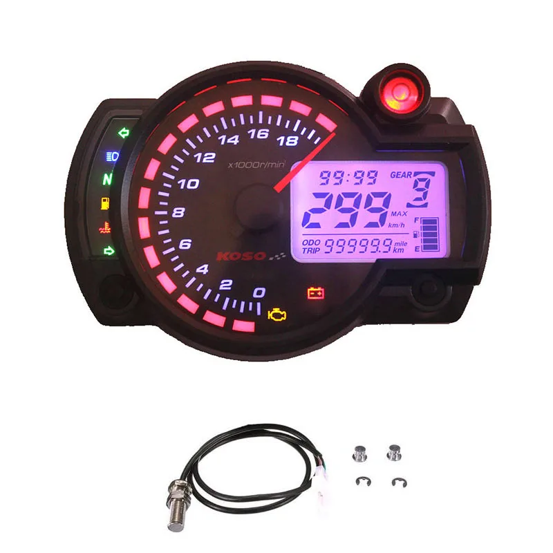 Modern KOSO 18000rpm Black White LCD Digital Motorcycle Odometer Speedometer Adjustable 7 Color Instrument Motorbike 299kmh