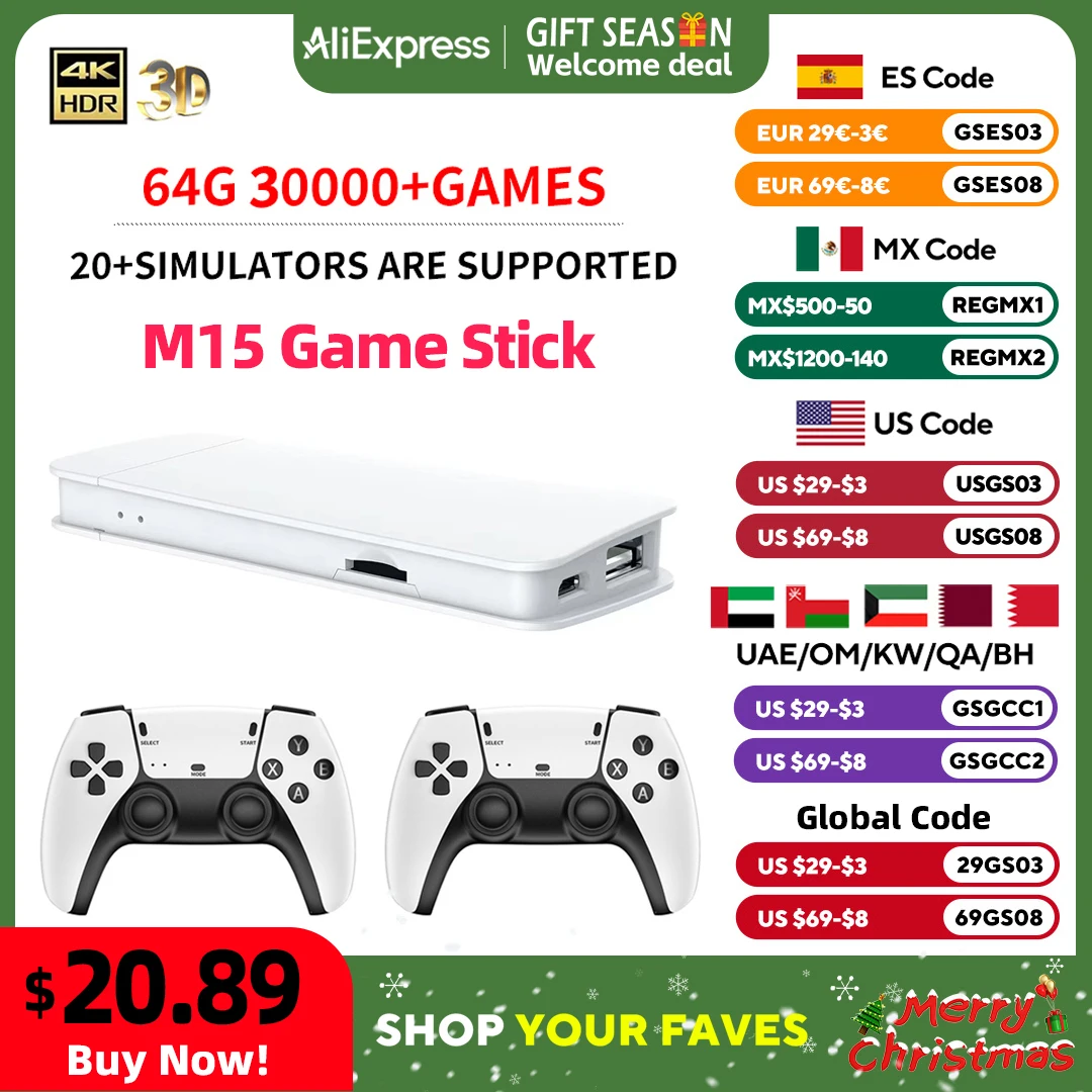 

M15 Game Stick Gaming Console Retro Game 2.4g Dual Wireless Gmaepad Handle 128G 30000+ Games For PS1/FC/GBA Xmas Kids Gift