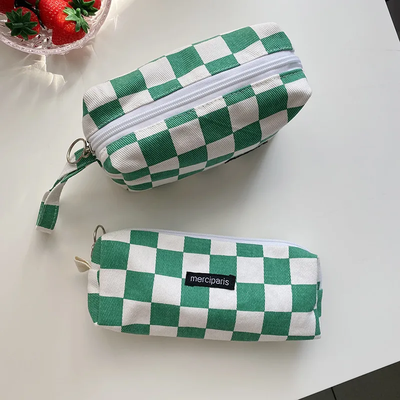 Japanese Style Plaid Cosmetic Bag Women Canvas Handbags Purse Organizer Pencil Bags Lipstick Bag Makeup Bag Women Leopard Bag