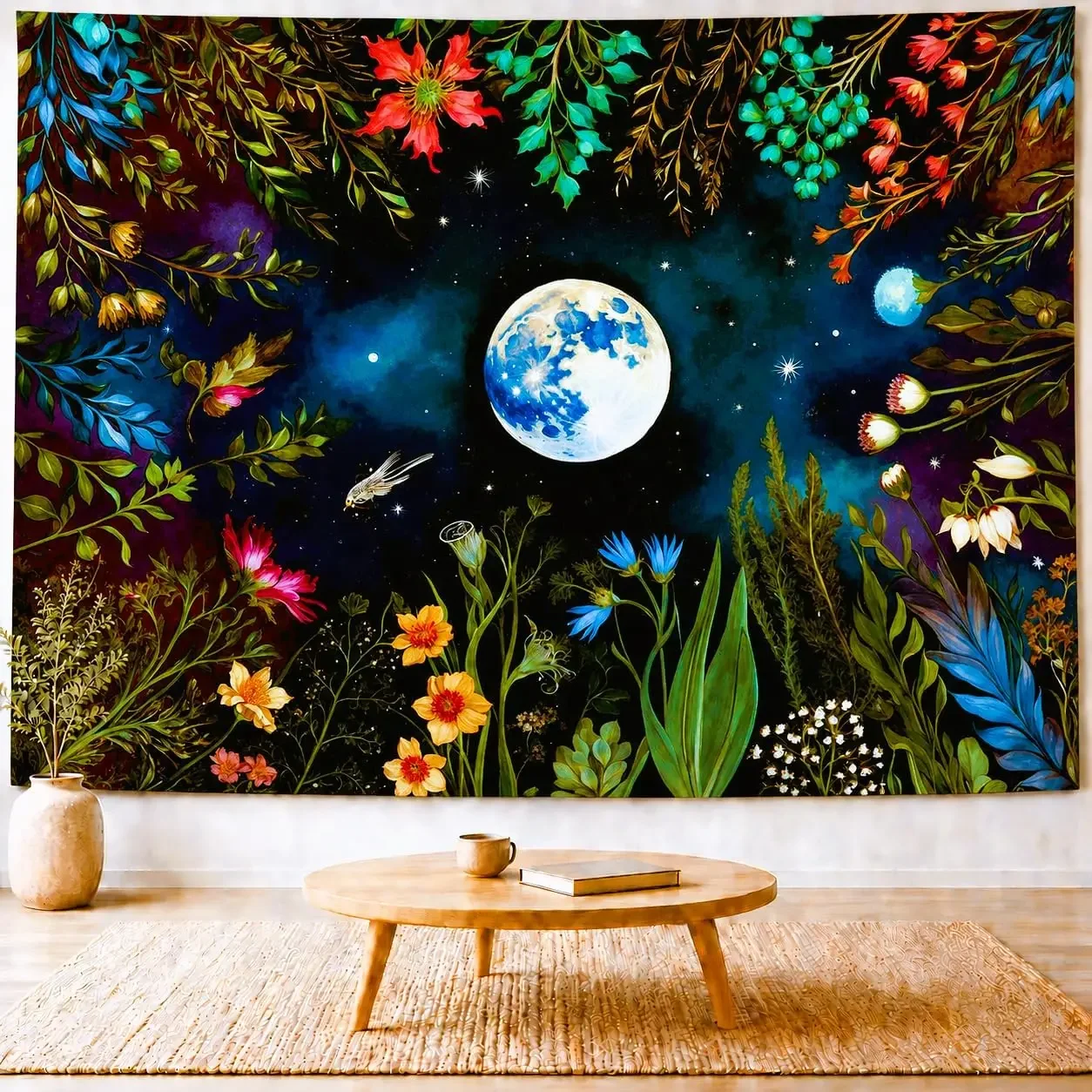 Moon Girl Garden Floral Tapestry, Botanical Nature Theme Wall Tapestry, Boho Flower Wall Hanging for Bedroom Living Room Decor