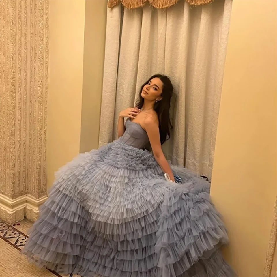 Customized Charming Sweet Dusty Blue Strapless Multi-layered Ruffles Evening Wedding Dress 2024 Floor Length Formal Bridal Gowns