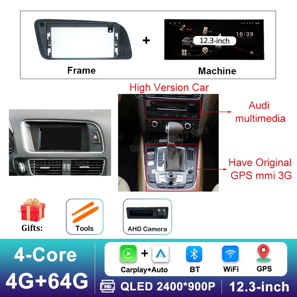12,3 inch GPS Navigatie Draadloze Carplay Android 16 voor Audi Q5 2009 - 2017 BT Auto Multimedia Video Radiospeler 4G Auto Gereedschap
