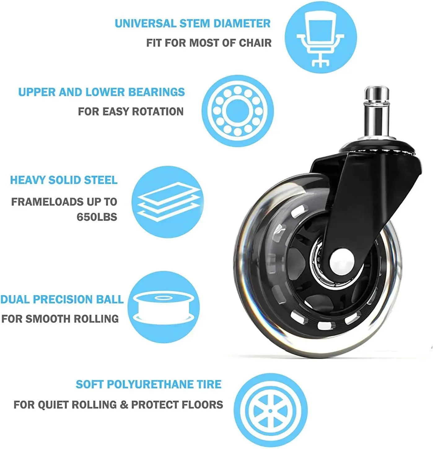 Office Chair Caster Wheels Heavy Duty Soft PU Rubber Safe for Hardwood Carpet Tile Floors  Generally Applicable to Office Wheels