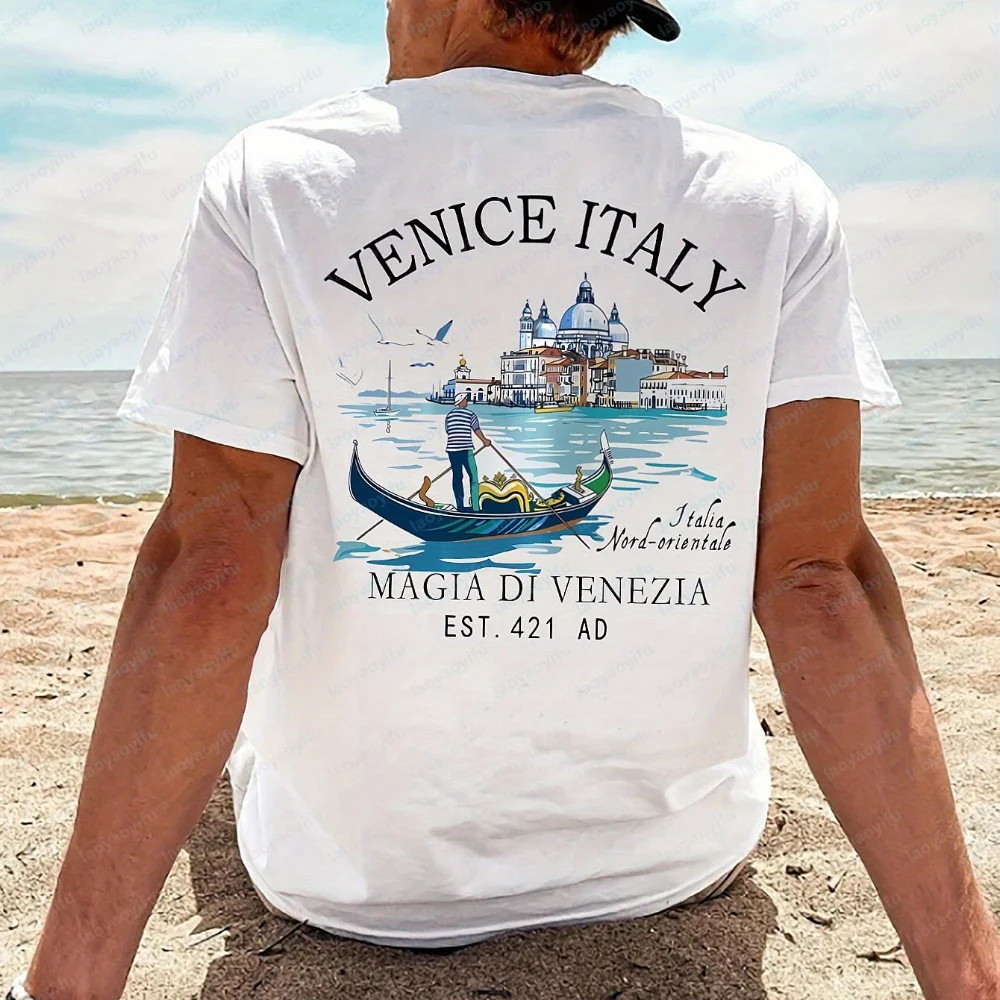 Men's Retro Venice Italy Graphic Tee with Gondola and Canal Watercolor Print 100% Cotton Men's T-shirt Summer Casual Beachwear