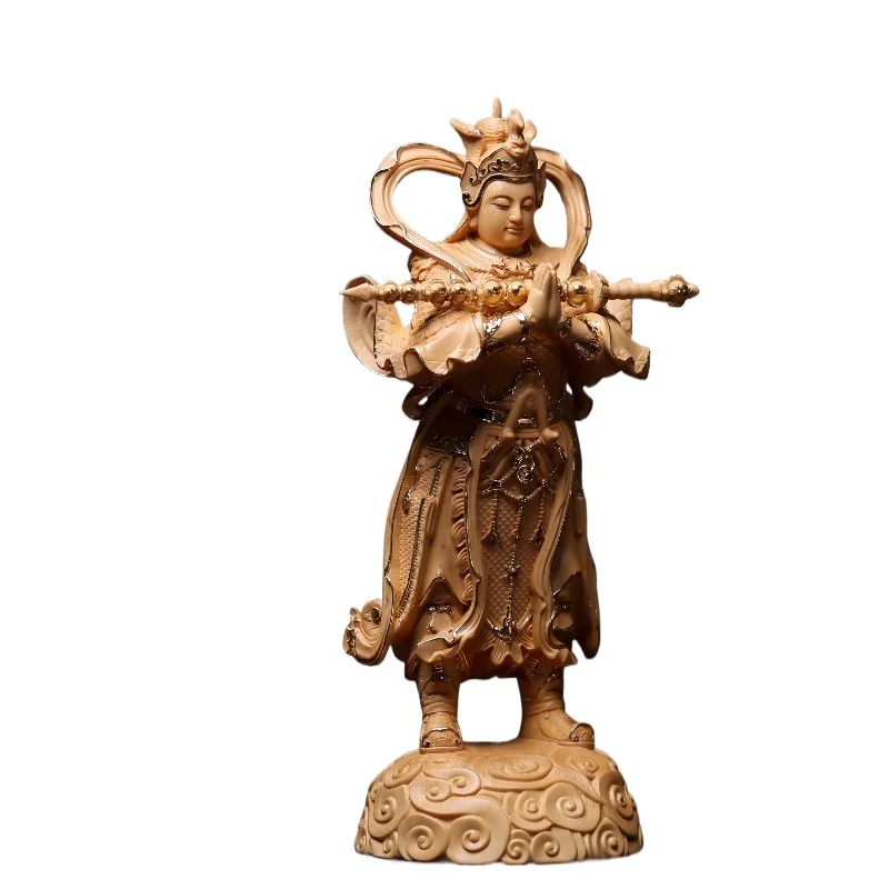 Hand-Carved Hinoki Wood Skanda & Veda Statue - 11.8