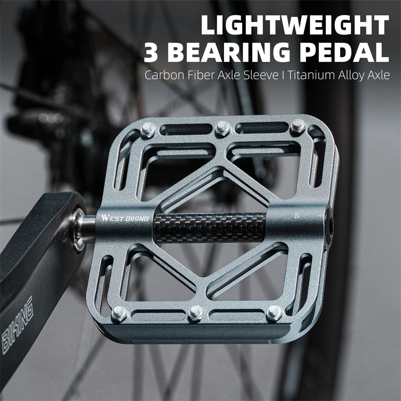 WEST BIKING Bike Pedals Ultralight 3 Bearing Titanium Axle Carbon Sleeve Aluminum Platform Anti Slip Cleats for MTB Road Racing