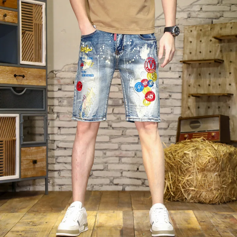 High-End Embroidery Scratch Patch Denim Shorts Men's Summer Slim Fit Stretch Personality Printed Casual Retro Shorts
