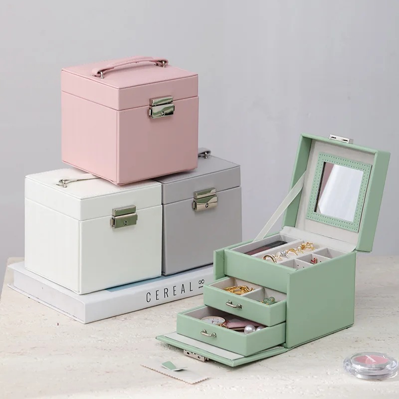 

Stylish PU Leather Jewelry Box with Mirror Multi-Layer Flip Top Hand Carry Organizer for Rings Earrings Necklaces Travel Case