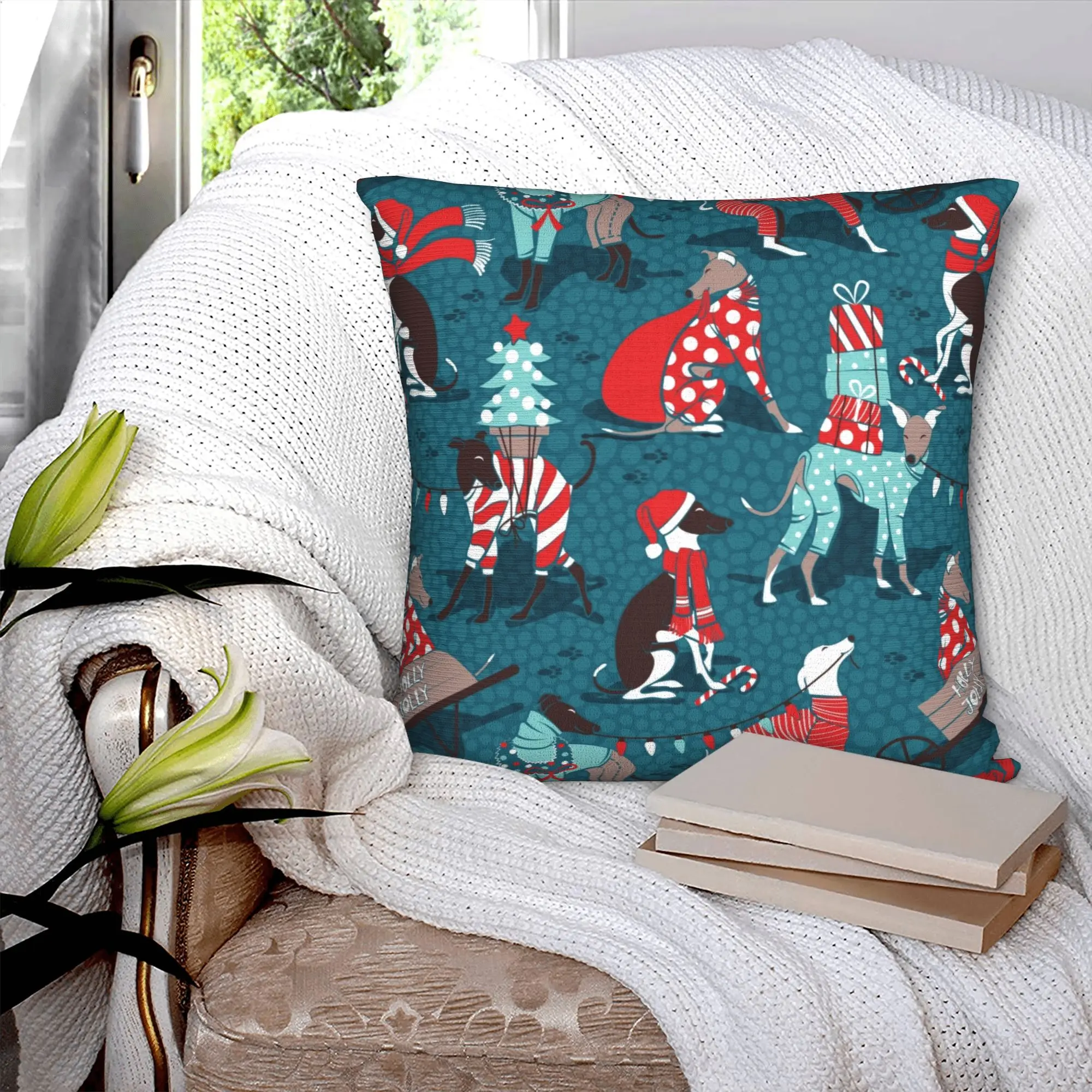 Greyhounds Christmas Dogwalk Pillow Home Decorative Kawaii Whippet Sighthound Dog Cushion Decoration Salon Square Pillowcase