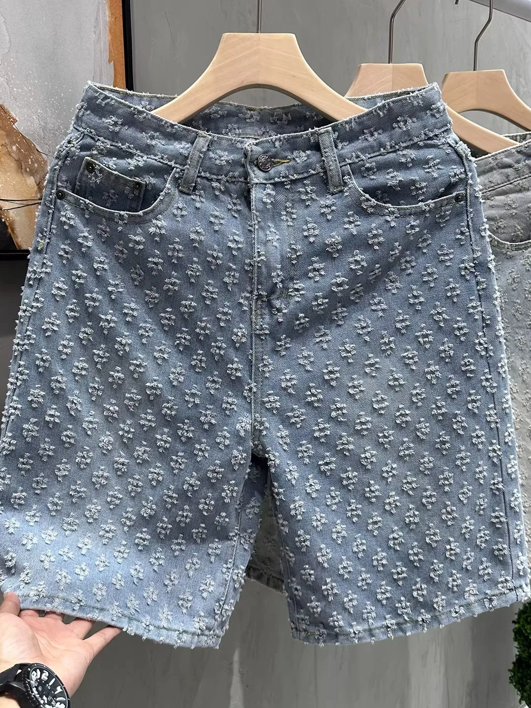 Retro American Floral Embroidery Men's Shorts Summer Thin Design Sense Hole Loose Straight Casual Five-Point Trendy Jeans