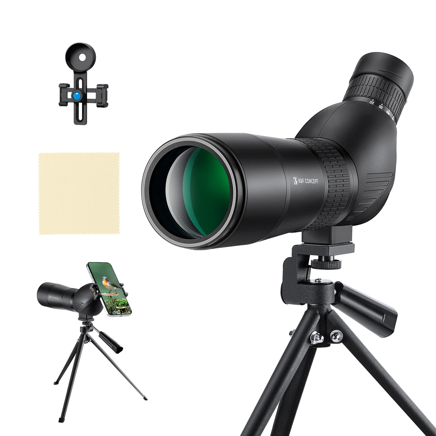 K&F CONCEPT 20-60x60 Spotting Scope Verrekijker HD BAK4 FMC Telescoop met Smartphone Adapter Statief voor Kamperen Reizen Jagen