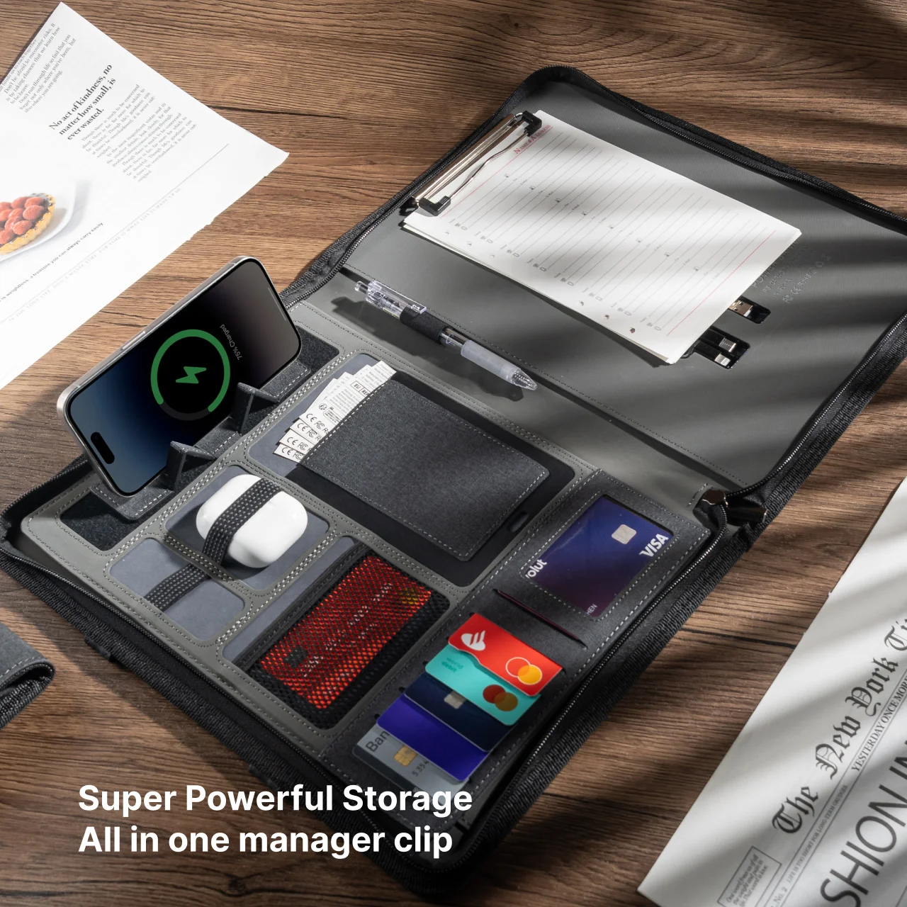 Padfólio de couro com carregamento sem fio, alça oculta e prancheta – Pasta organizadora comercial com bloco de notas, suporte para tablet