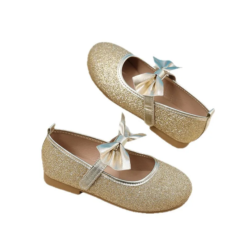2026 New Girls Princess Dance Shoes Round Toe with Bowknot Shiny Sequins PU Flat Shoes Anti Slip Children Performance Footwear