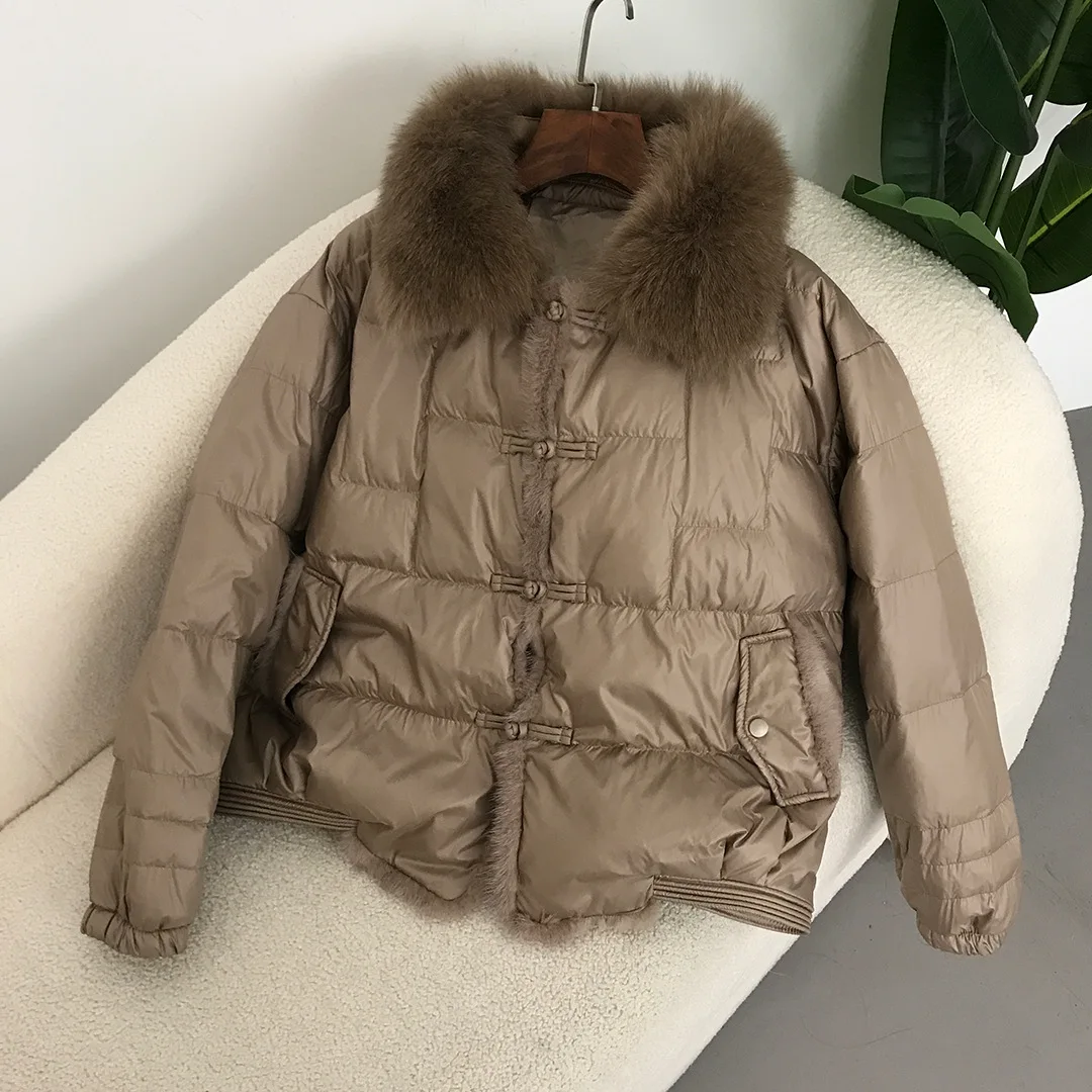 OFTBUY Chaqueta de Plumón de Pato Blanco con Piel de Zorro Auténtica, Estilo Vintage, Holgada, Corta, Abrigo Acolchado Cálido para Mujer, Parka de Invierno 2026