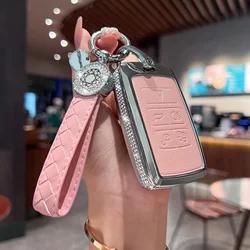 for LAND ROVER Key Fob Cover with Keychain, Pink Genuine Leather Crystal Key Case Protection Shell Compatible with Land Rover Vo