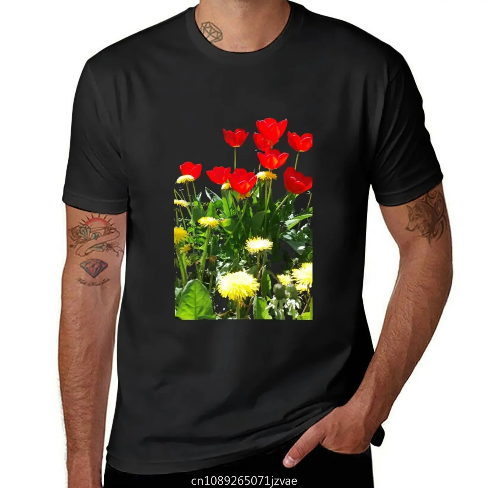 Tulips, dandelions, garden T-Shirt Aesthetic clothing summer top heavy weight t shirts for men