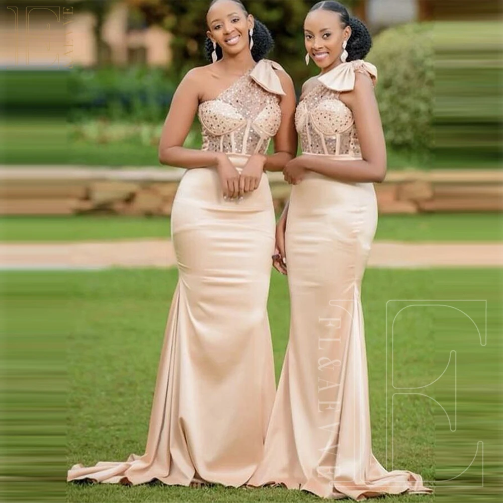 

Champagne Satin Bridesmaid Dresses Glitter Beaded Long Wedding Party Dress for Women One Shoulder See Through Elegant Gowns
