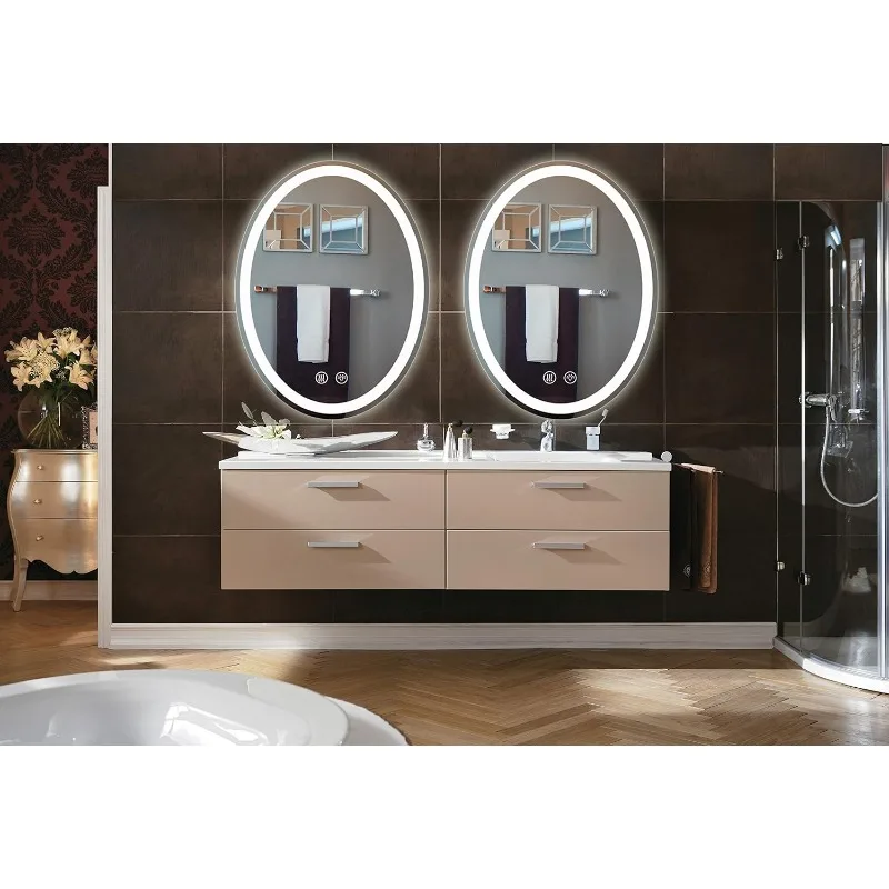 Oval LED Bathroom Vanity Makeup Mirror- Smart Wall Mounted Anti-Fog Dimmable 3 Light Settings Frameless Touch Button