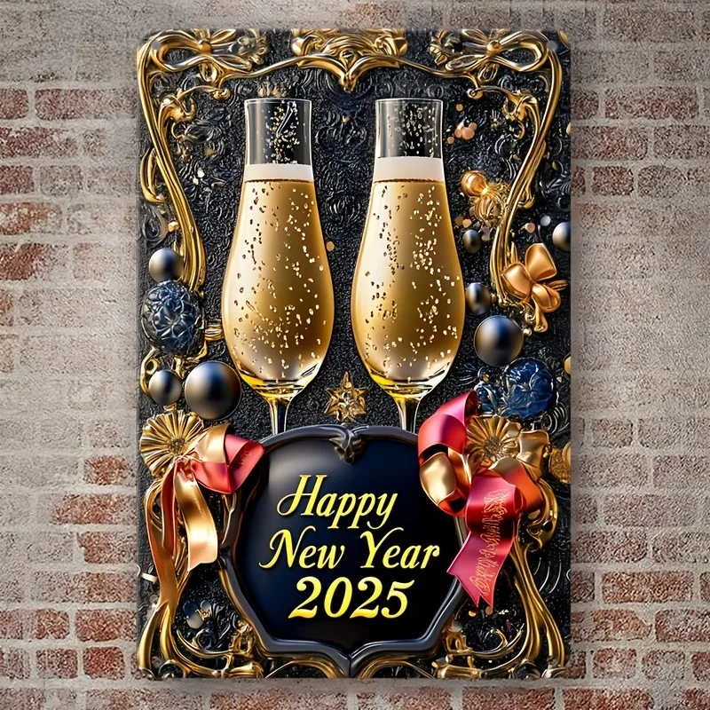 

Boho Style Aluminum Happy New Year 2025 Sign, Wall Hanging Decorative Plaque, Multipurpose 2D Flat Square Wreath for Home Decor