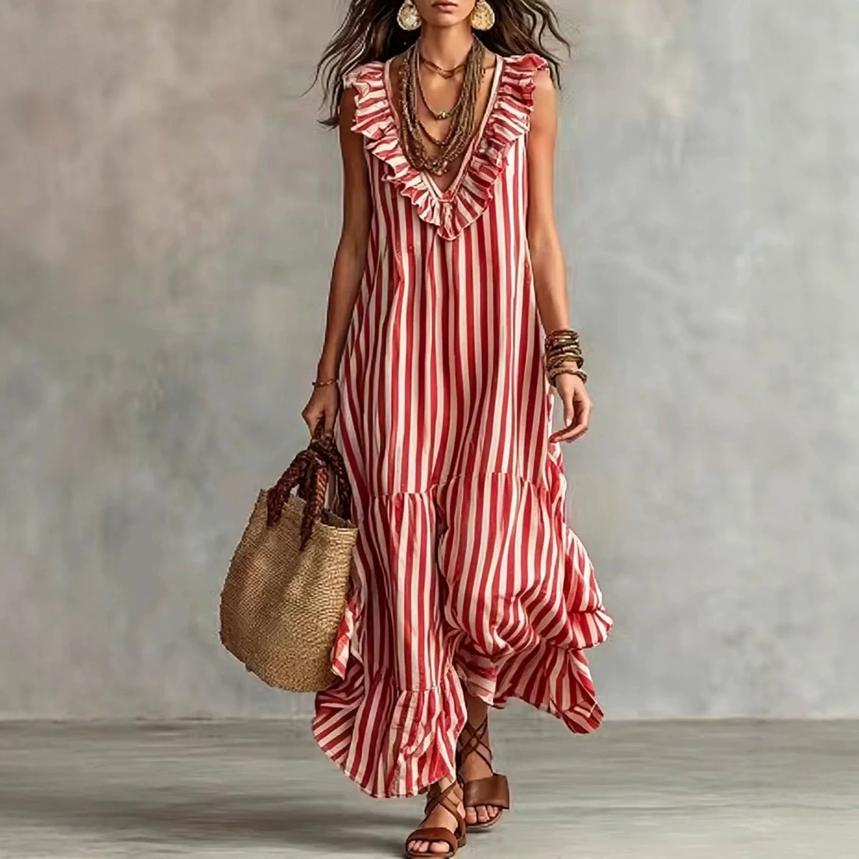 Bohemian Striped Ruffle V Neck Sleeveless Dress Summer Dresses Jumpsuit Playsuit 4