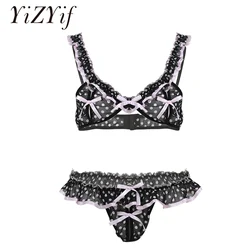 YiZYiF Ruffled Men Sissy Bra Top with THONG panties Chiffon Elastic Frilly Spots Lingerie Crotchless T-Back polka dot Underwear