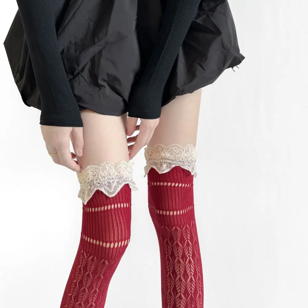 Fashionable Lace Trim Knee-high Socks Hollow Out Odor-resistant Long Socks Soft Sweat-absorbent Boot Socks Fall Winter
