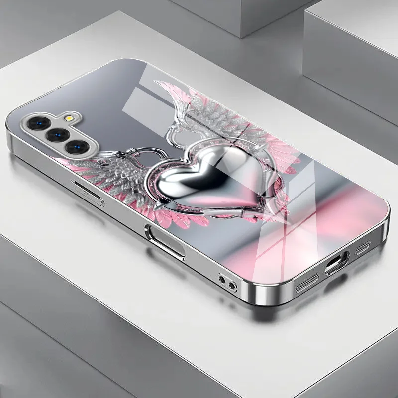 Wing heart pattern glass phone case suitable for Samsung Galaxy S26 S25 S24 S23 S22 S20 FE/Ultra/Plus anti drop back cover