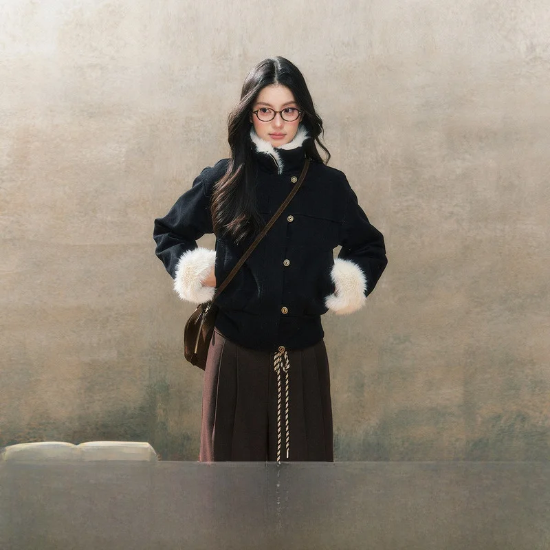 

7iftin Original Design Autumn Winter Bla Splice Slim Fit Jaet ort Top Women's Faionable Polyester Fiber Coat