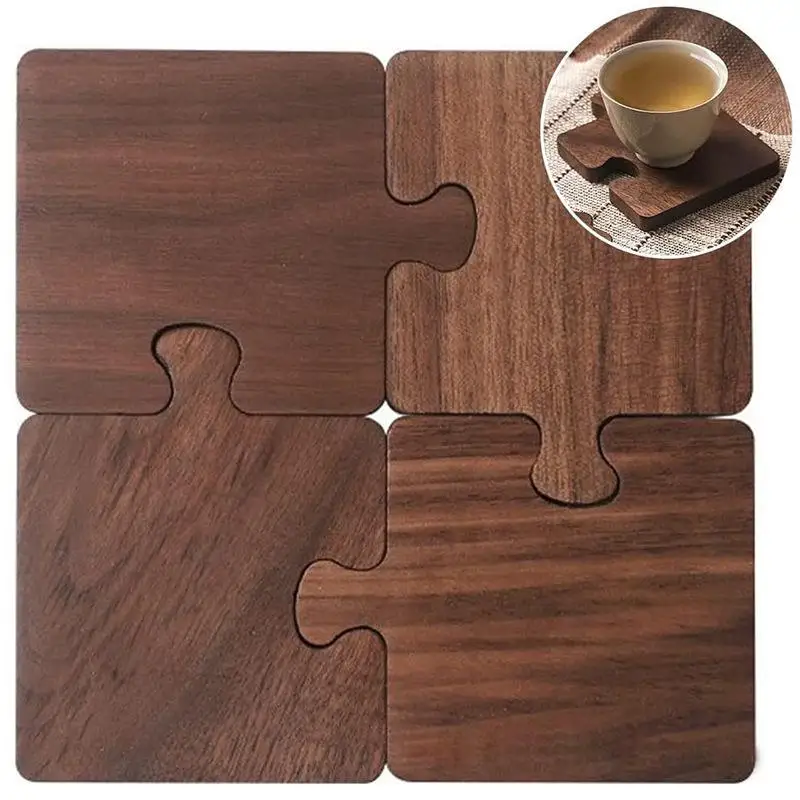 4pcs Wooden Coaster Retro Style Teacup Mats Creative Building Block Shape Cup Mat Desktop Heat Insulation Mats Tea Sets Supplies view 2